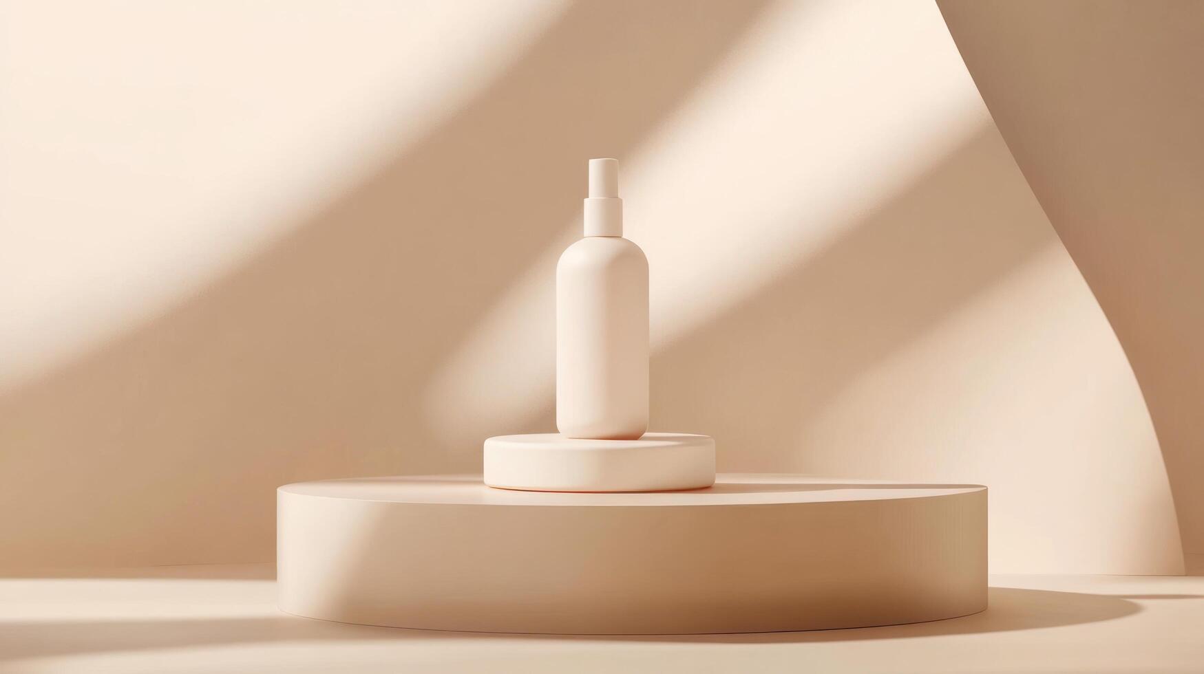 Minimalist Product Display with a White Bottle on a Beige Platform photo