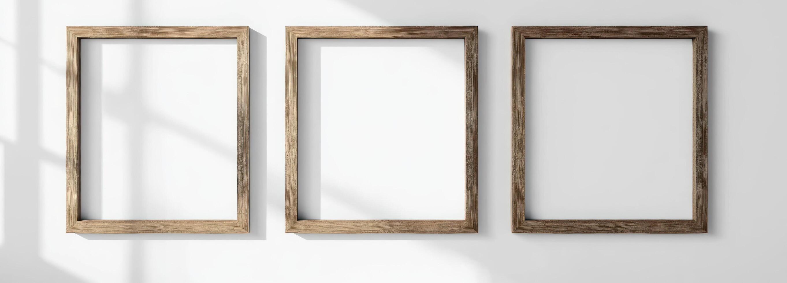 Three Empty Wooden Frames on a White Wall photo