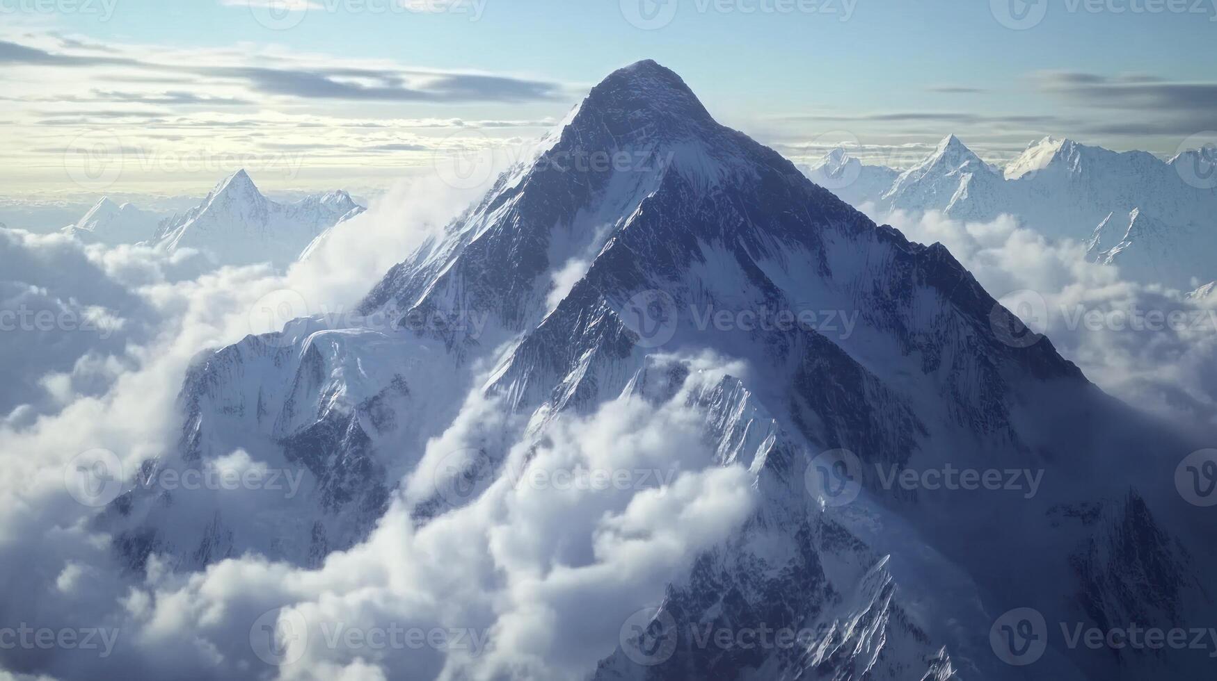 Majestic Snowy Mountain Peak Surrounded by Clouds photo