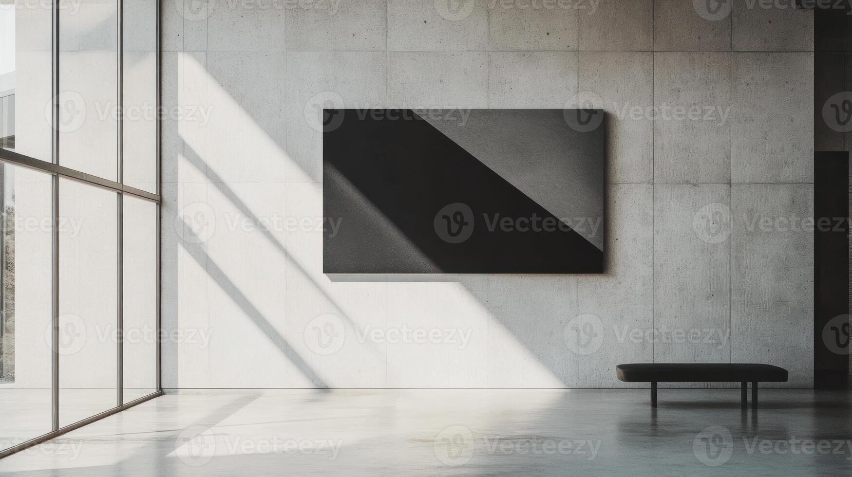 A Minimalist Gallery Interior with a Black Square Canvas and a Bench photo