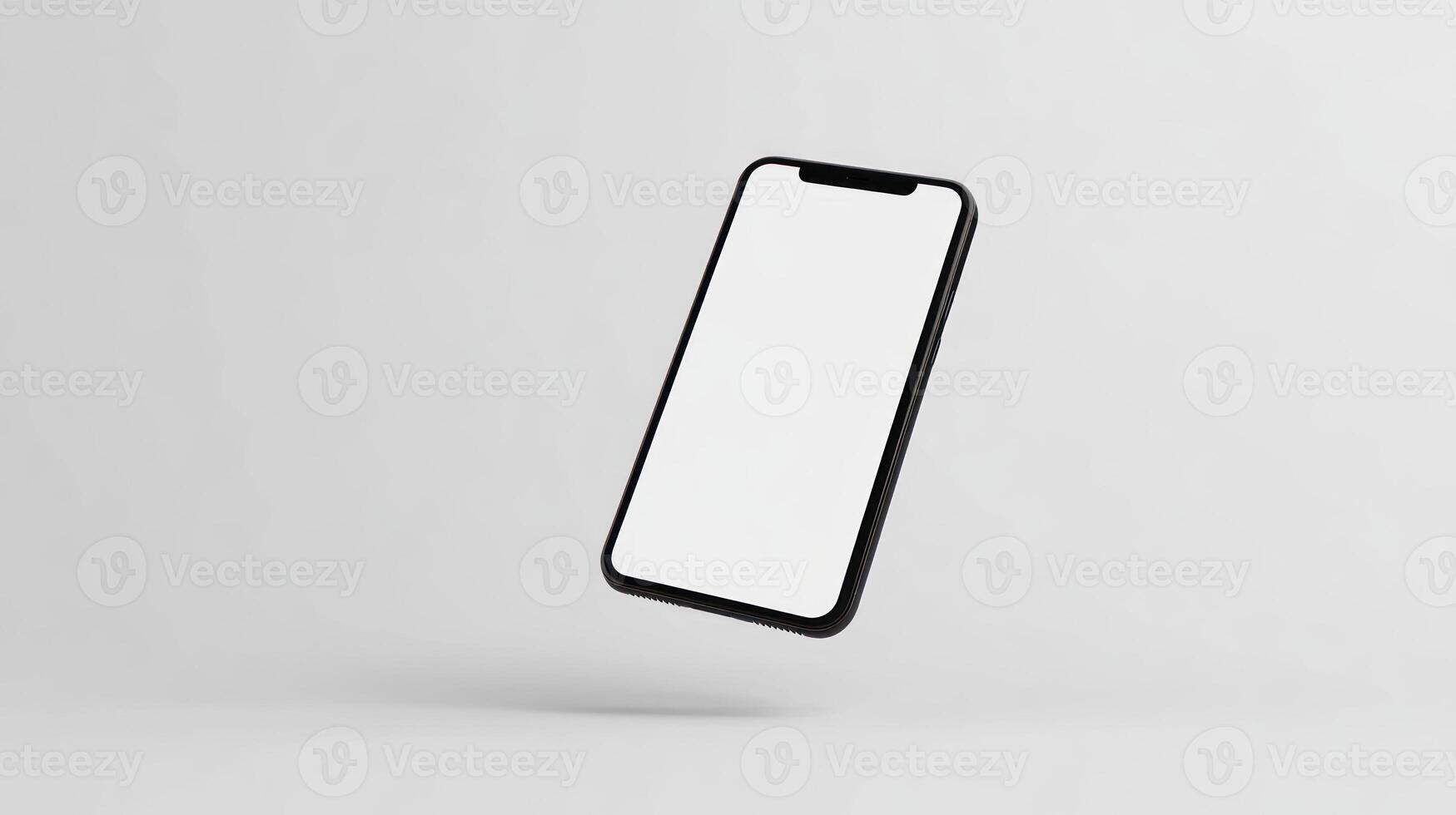 Black Smartphone with Blank Screen Floating in White Space photo