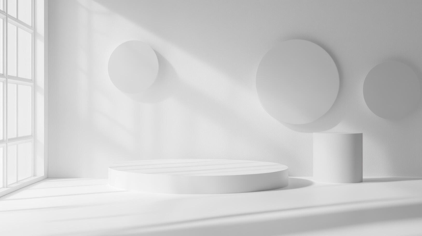 Minimalist White Room with Circular Platform and Geometric Shapes photo