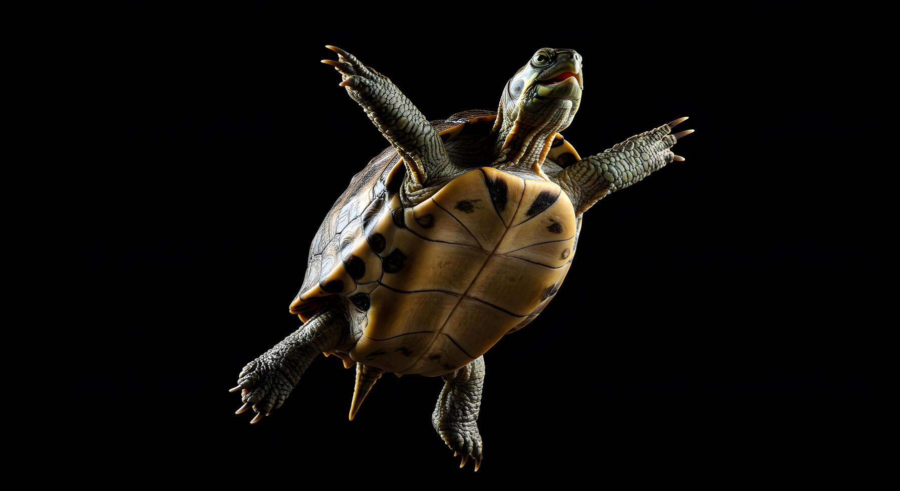 A Stunning Close-Up Photograph of a Turtle in Mid-Air Against a Black Background, showcasing its Unique Shell Pattern and Claws photo