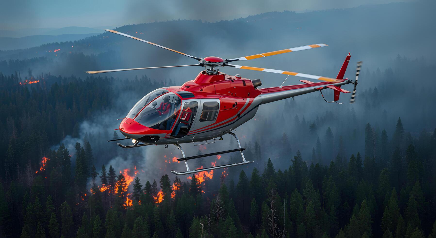 Aerial View of Helicopter Fighting Forest Fire in Dense Smoky Coniferous Forest photo