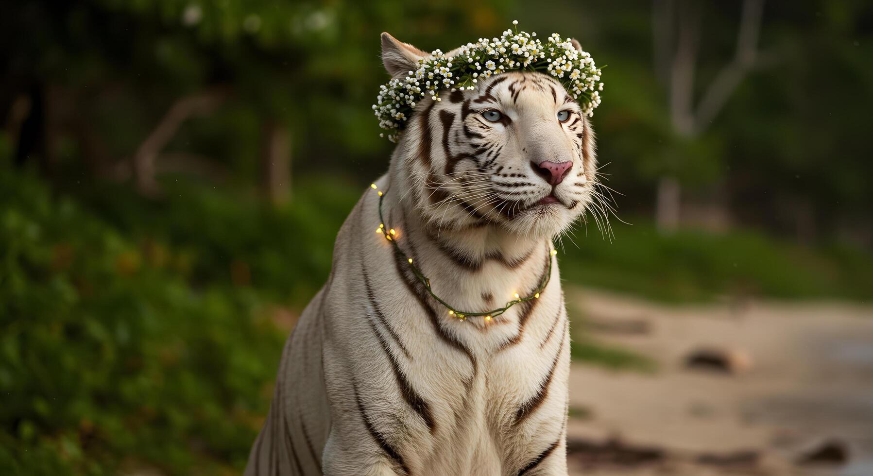 Majestic White Tiger Adorned with Flower Crown and Fairy Lights near Beach photo