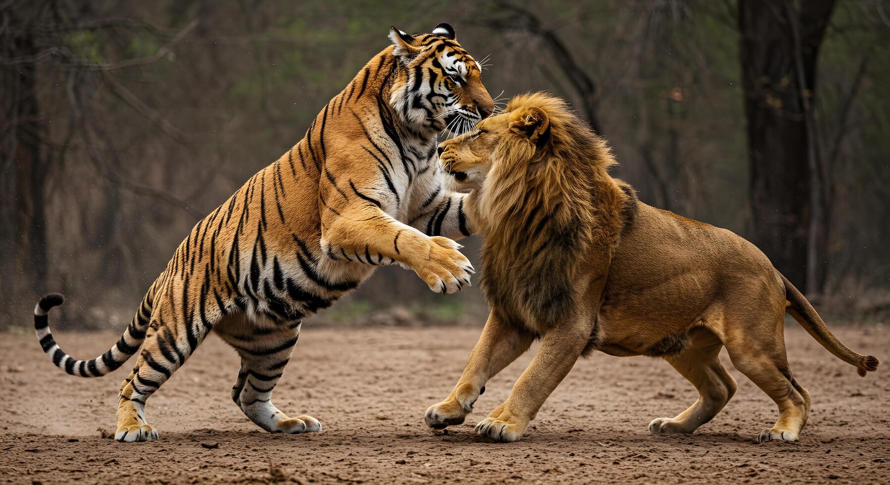 Majestic Showdown Bengal Tiger and Asiatic Lion Engaging in an Intense Encounter in the Wild photo
