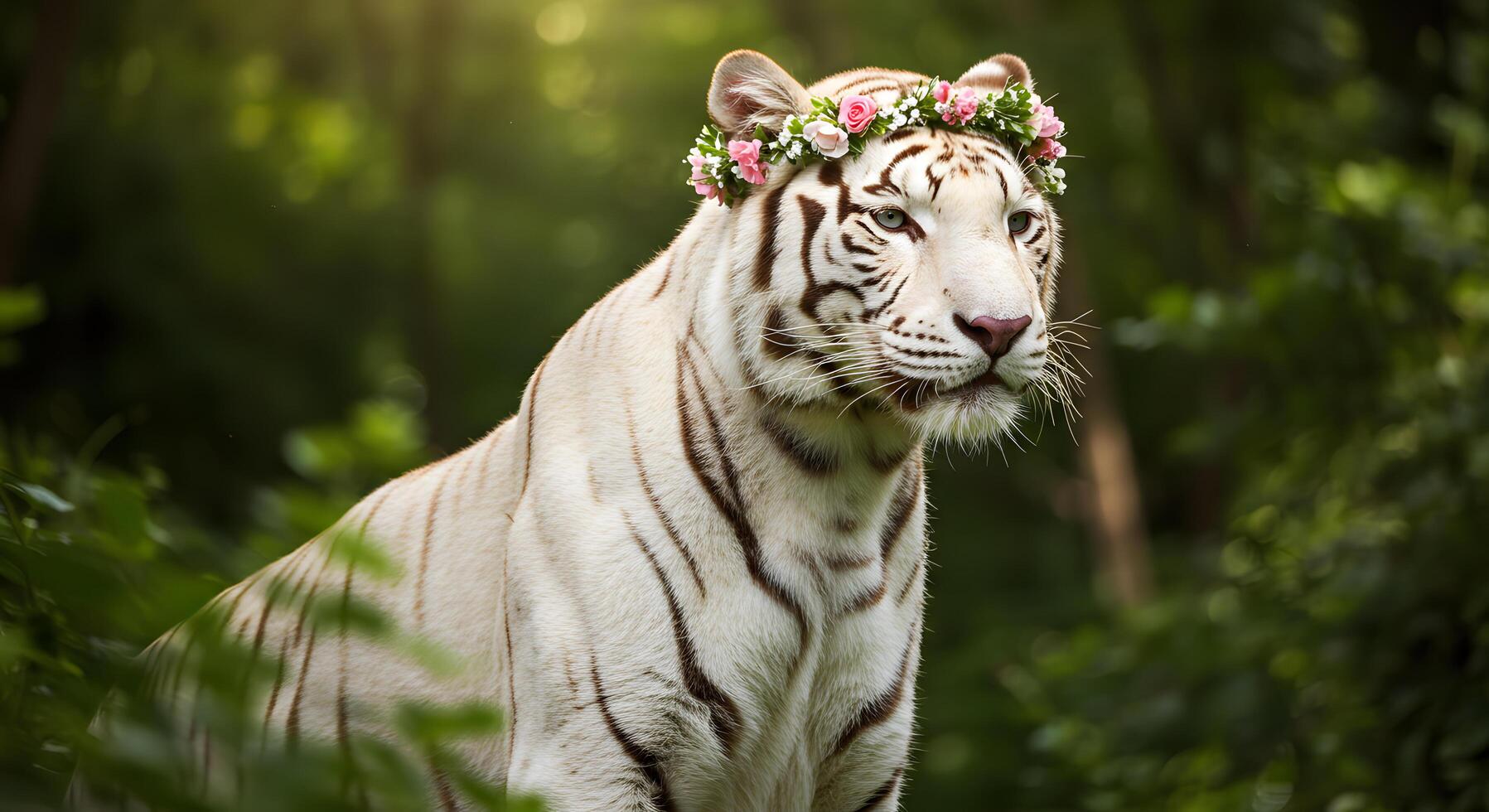 Majestic White Tiger Adorned with a Floral Crown in Lush Green Forest photo