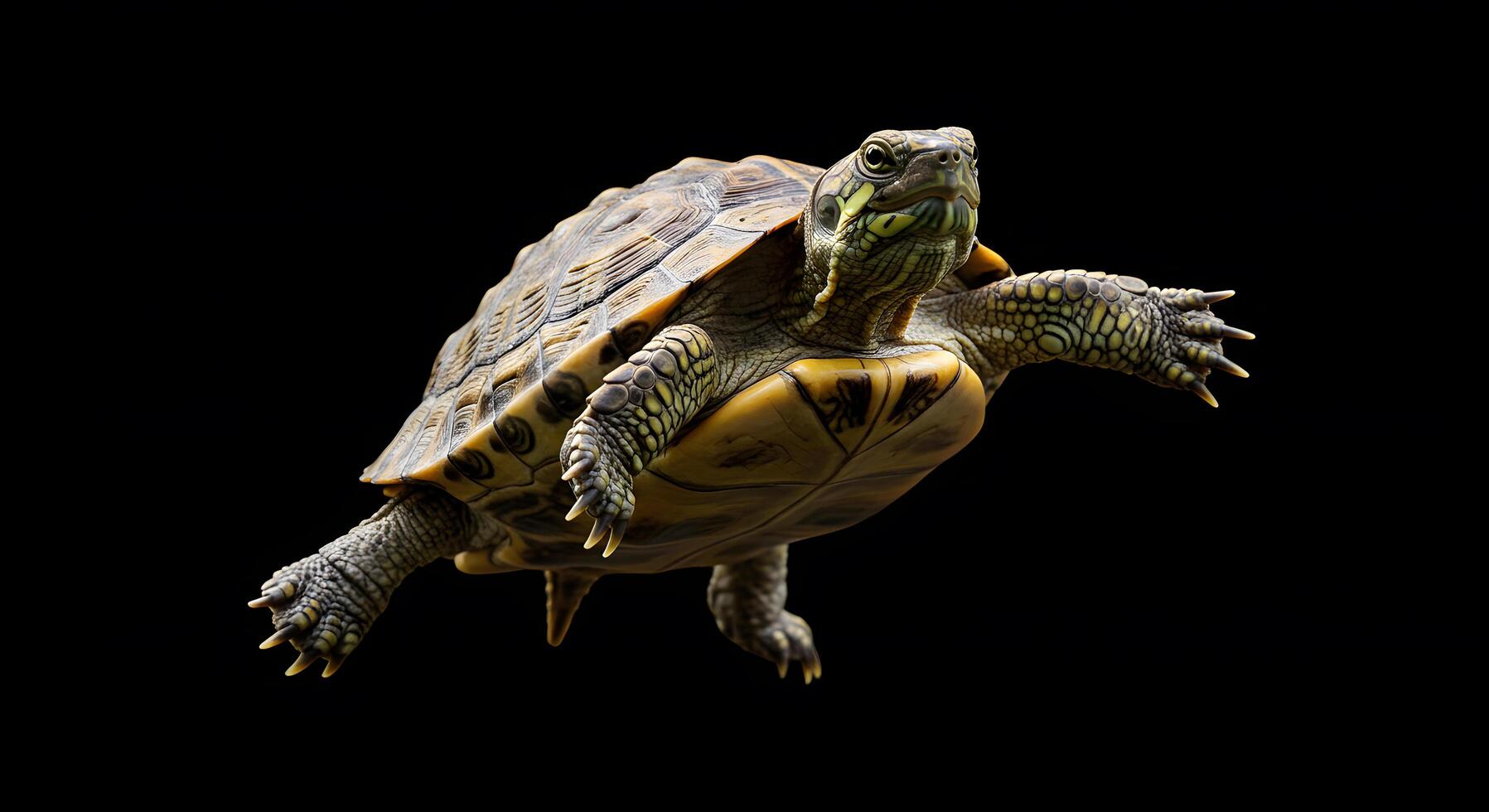 Striking Pose of a Yellow-Bellied Slider Turtle Against a Black Background A Captivating Wildlife Photography photo