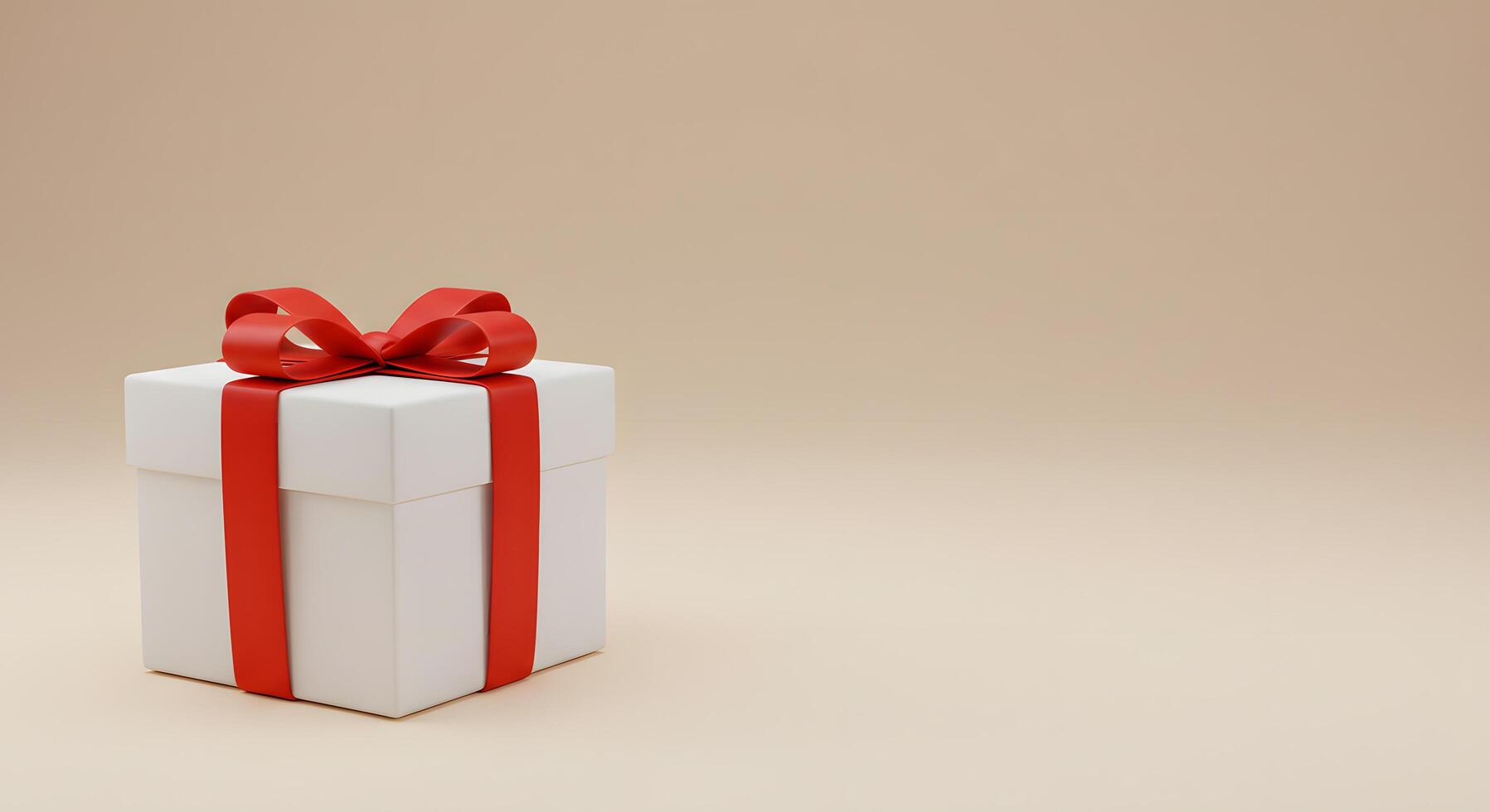 A Single White Gift Box with a Red Ribbon, Elegant Present for Special Occasion, Studio Shot on Beige Background photo