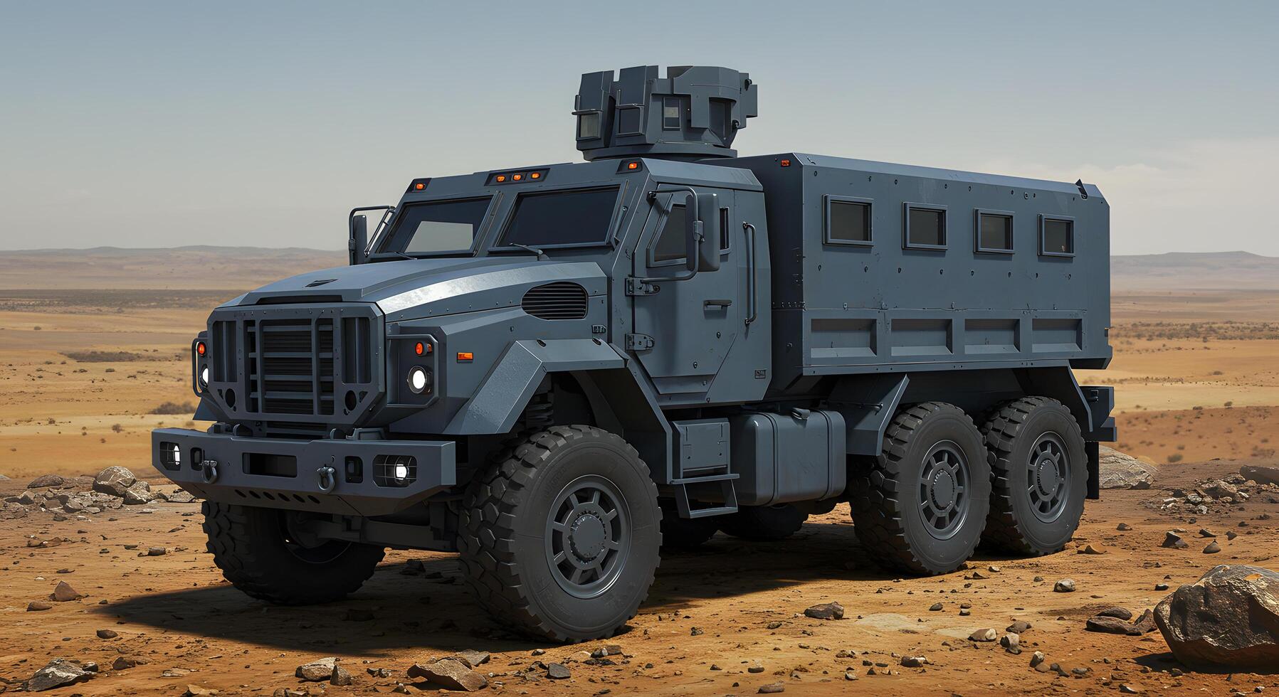 Military Armored Truck in Desert Landscape Robust 6x6 Vehicle photo