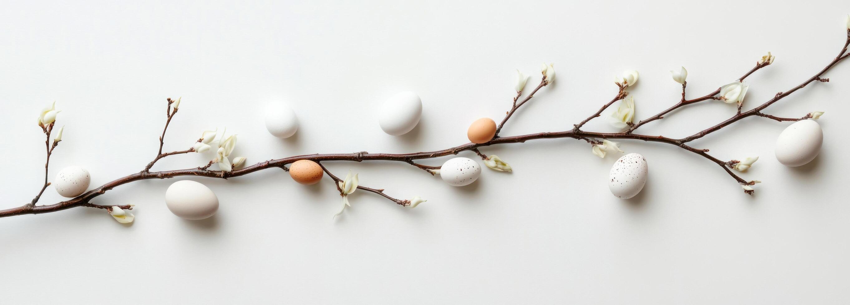 White and brown Easter eggs on a blooming branch photo