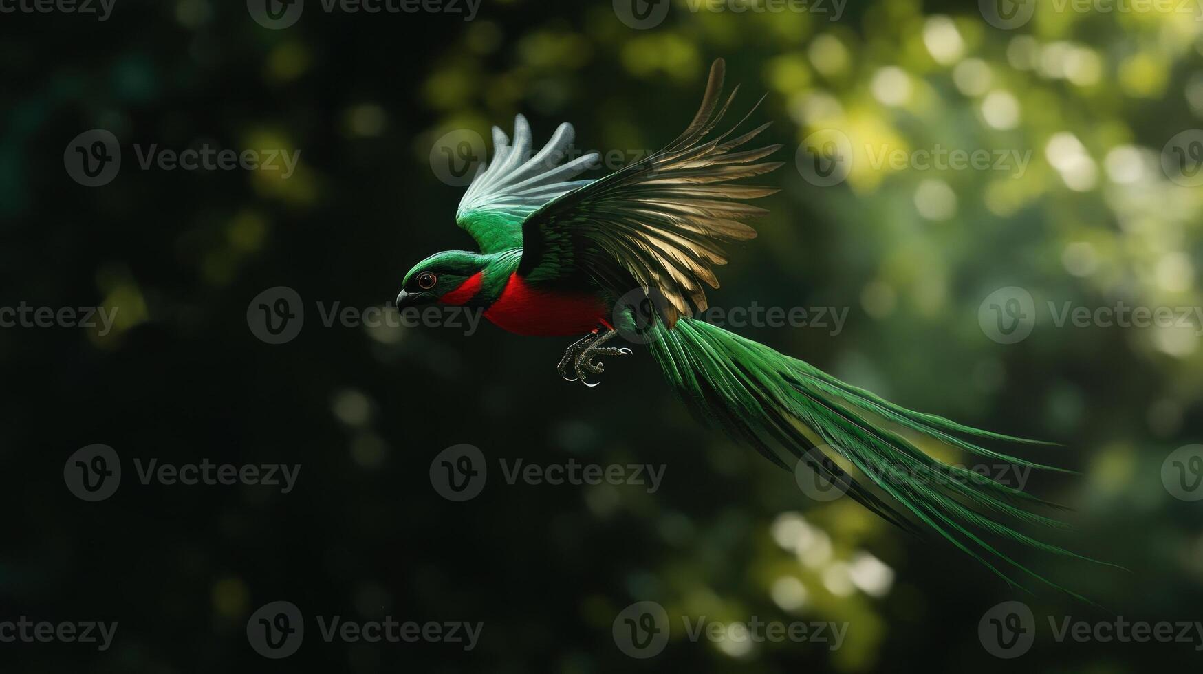 A Green-Winged Macaw in Flight Against a Blurred Background photo