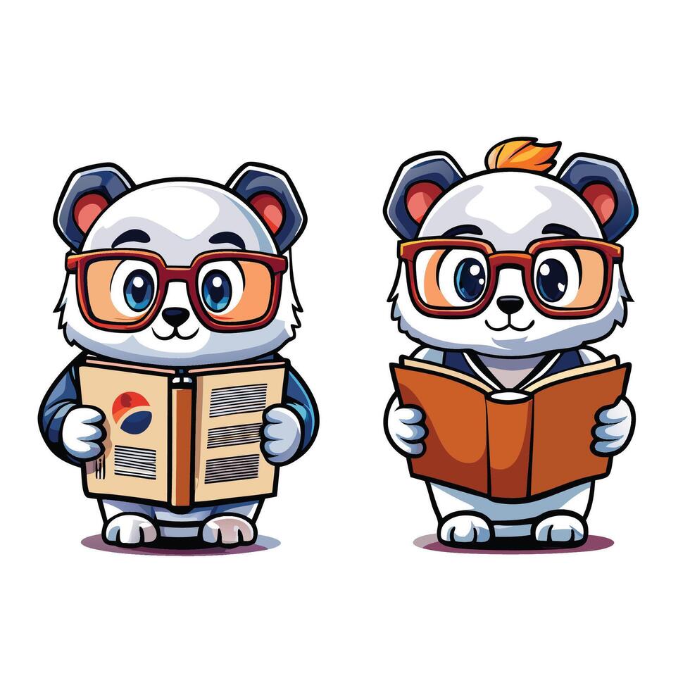 Two cute pandas wearing glasses reading books. vector