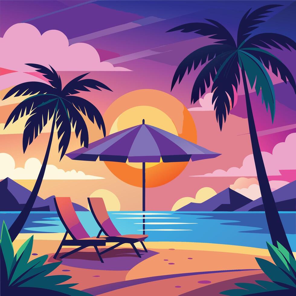 Idyllic sunset beach scene with two lounge chairs under a purple umbrella, palm trees, and tranquil ocean. vector