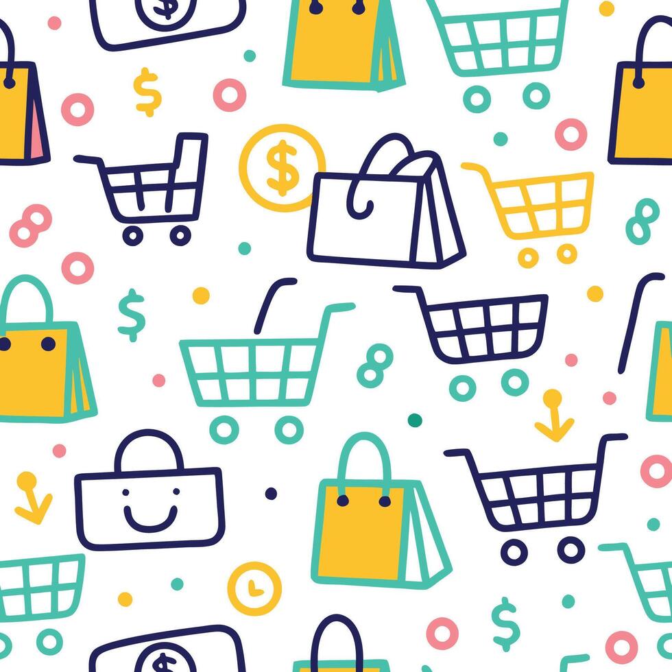 Seamless pattern with shopping bags, carts, and dollar signs. vector