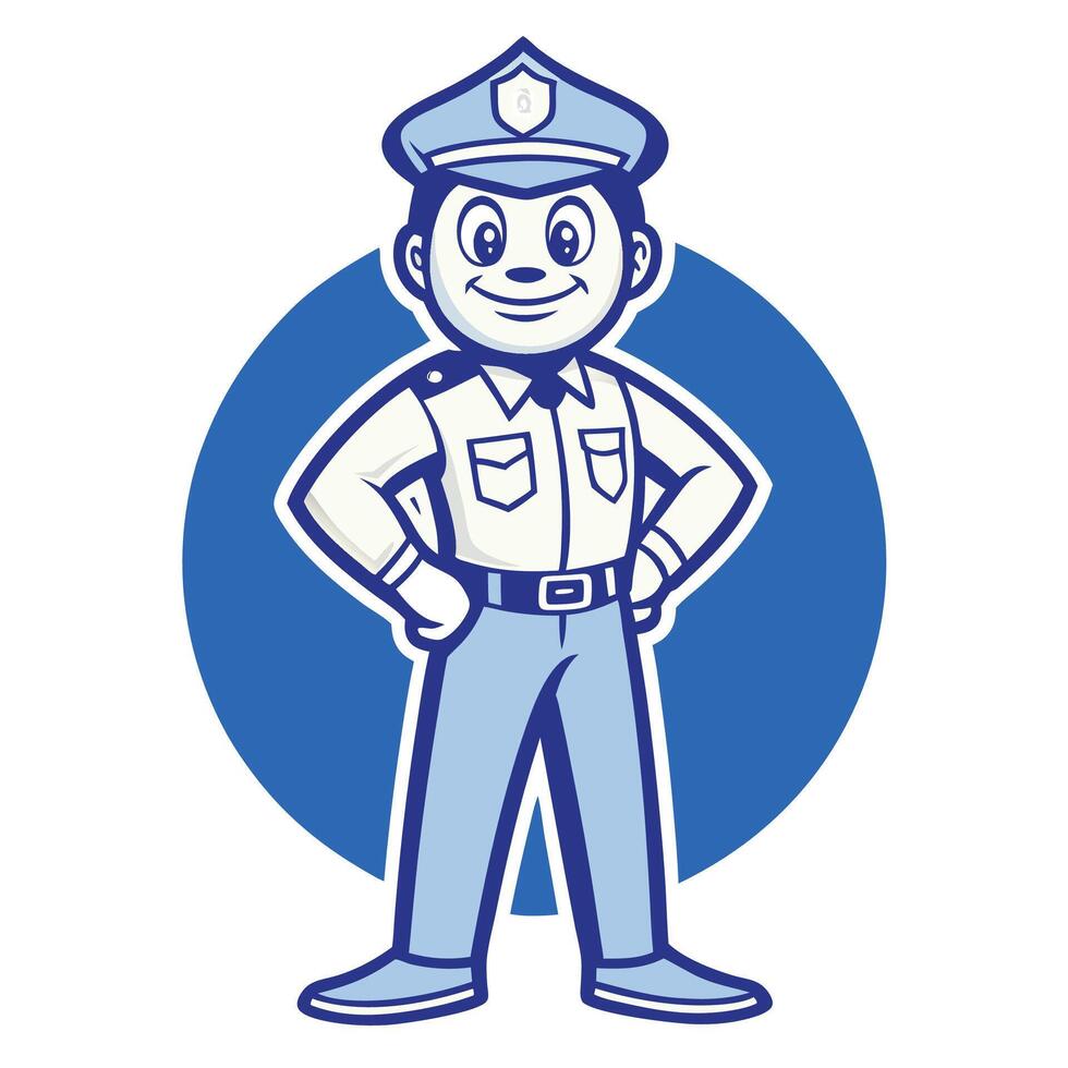 Friendly cartoon police officer with hands on hips, standing on a blue circle. vector