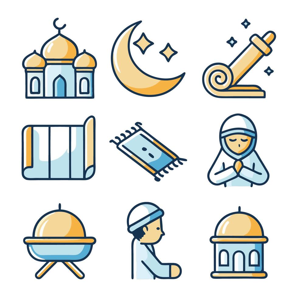 islamic religion icons set, including a mosque, a crescent and a mosque vector
