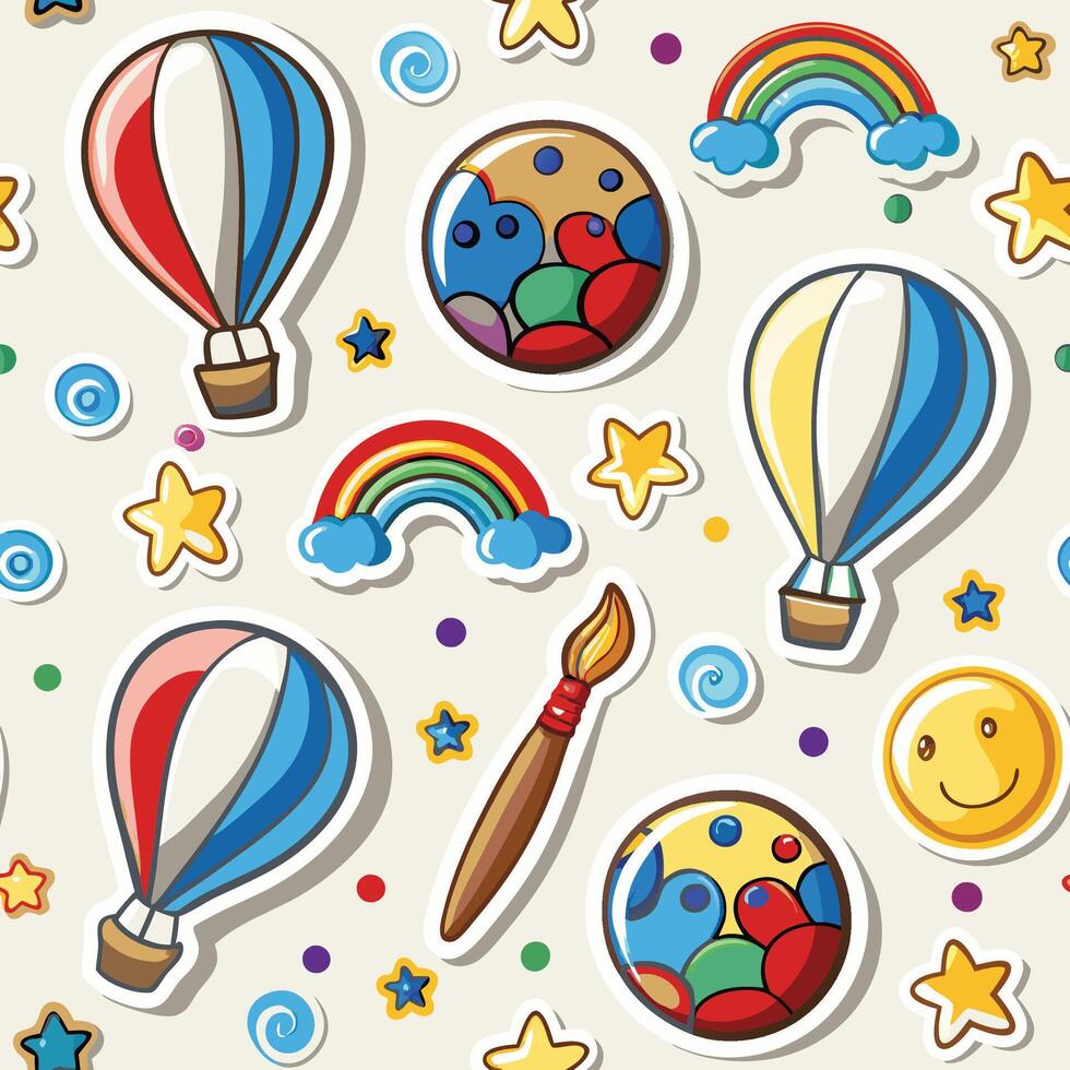 Childish pattern with hot air balloons, rainbows, stars, and paintbrushes vector