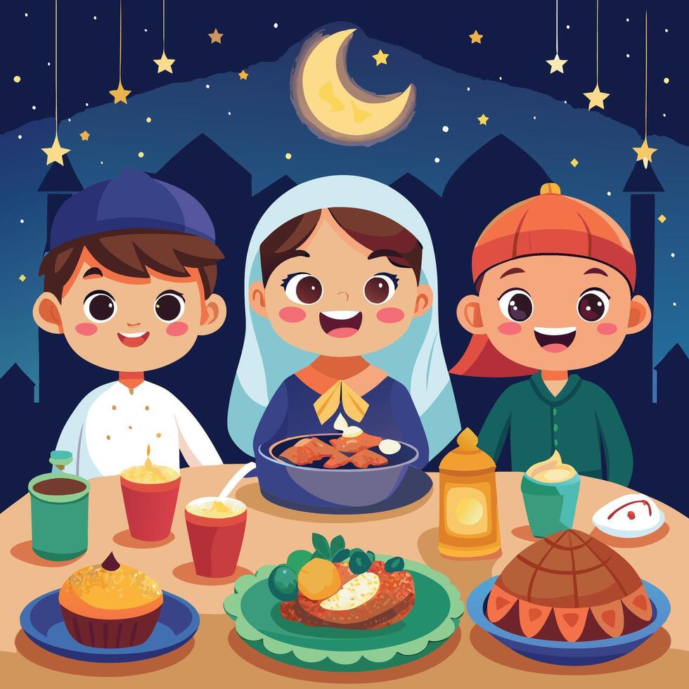 Happy kids enjoying delicious meal together under the night sky. vector