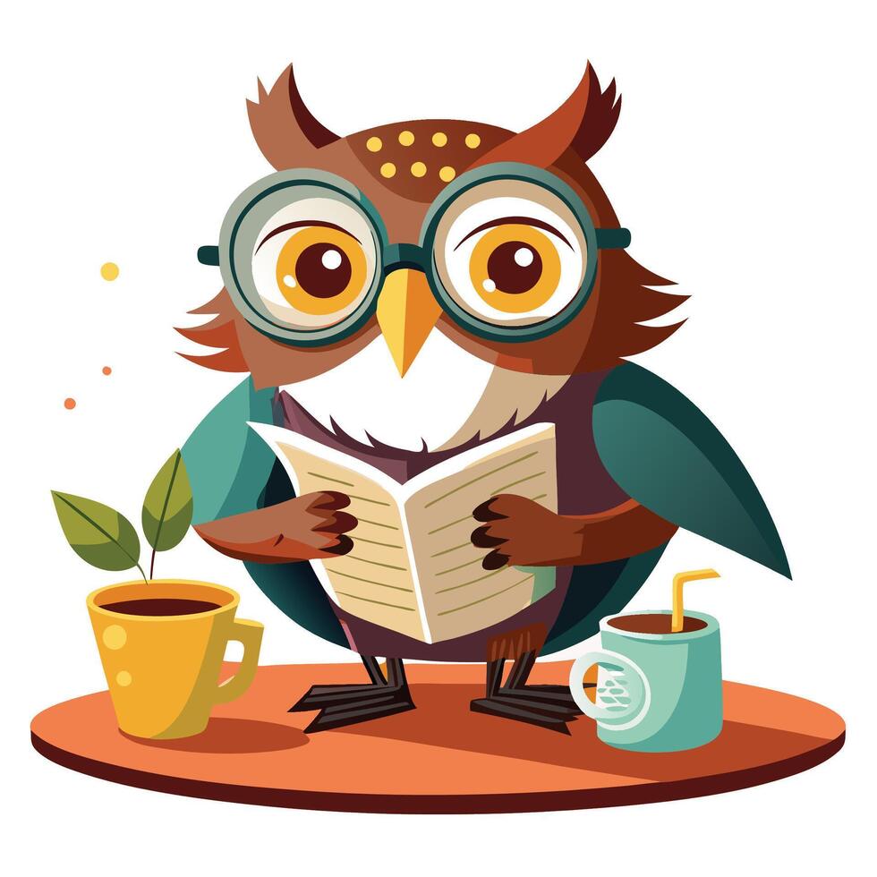 Cute Owl Reading a Newspaper with Coffee and Drink vector