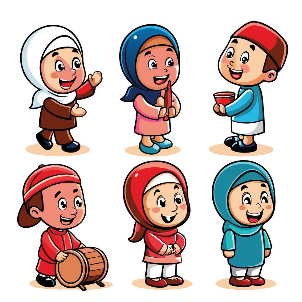 Cartoon Islamic Children in Various Activities vector