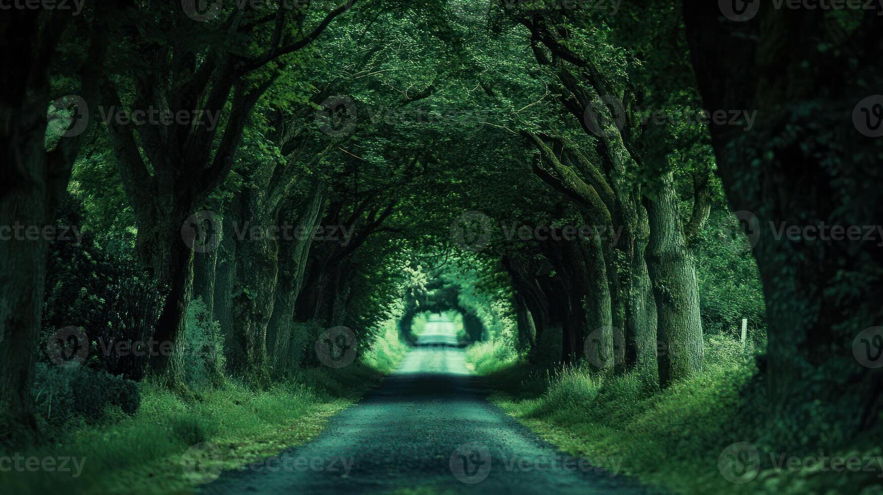 A Serene Pathway through a Lush Green Canopy of Trees photo
