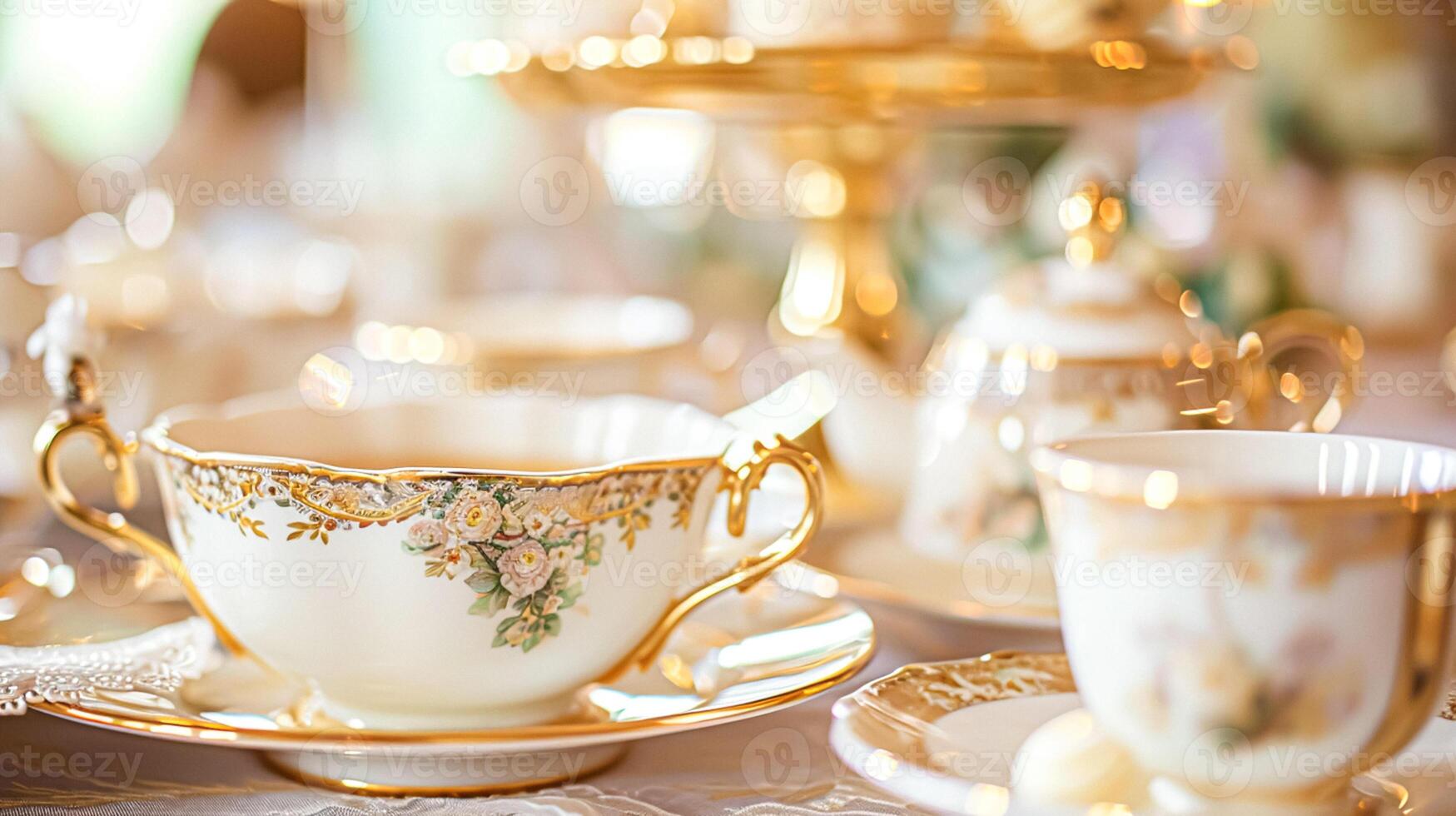 Elegant table setting for tea party with cakes and cupcakes in English manor. Vintage style. photo
