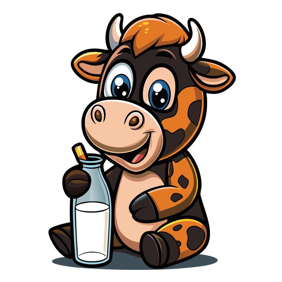 Cute cow with a milk bottle vector