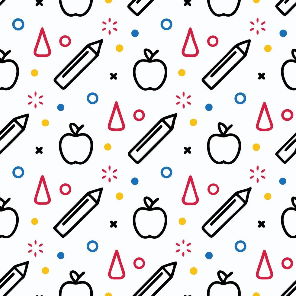 Seamless pattern with apples, pencils, and geometric shapes. vector