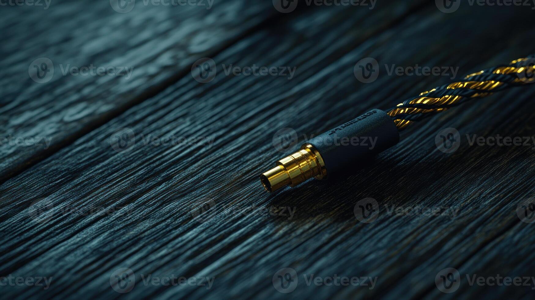 Close-up of a Black and Gold Audio Cable on a Wooden Surface photo
