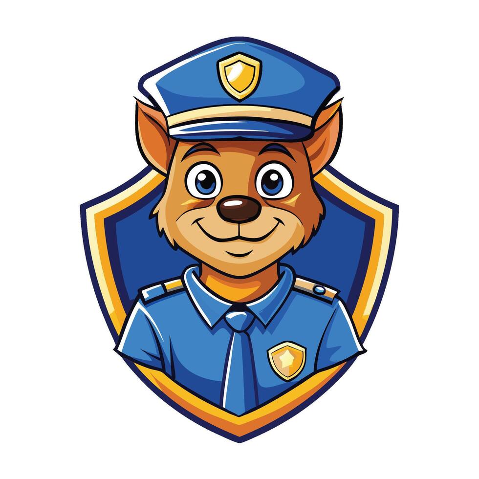 Happy cartoon police dog in uniform, inside a shield. vector