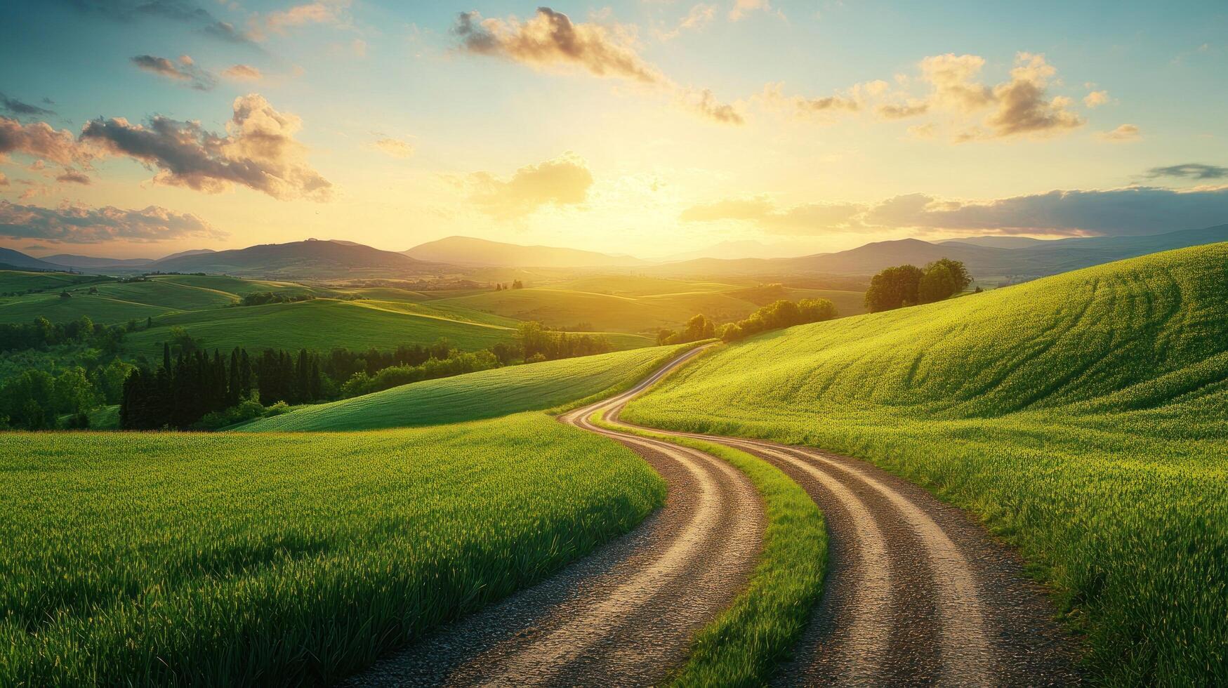 Winding Country Road Through Rolling Green Hills at Sunset photo