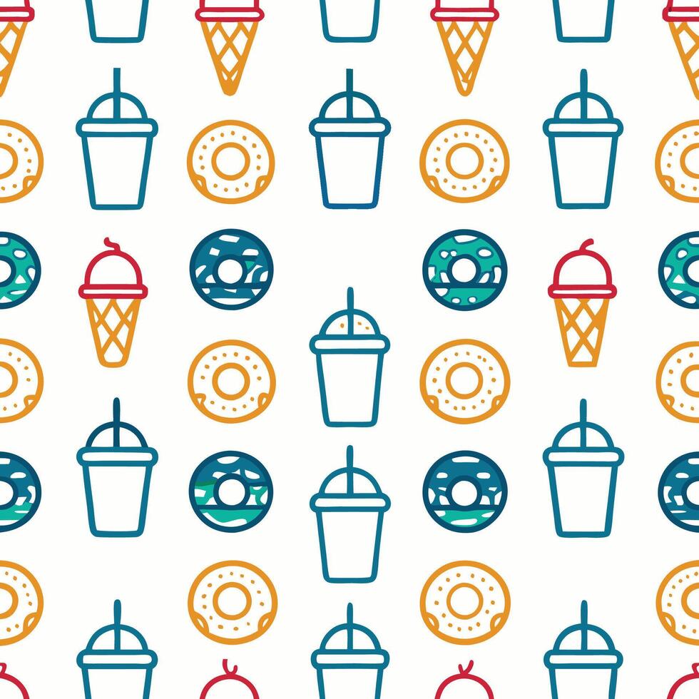 Seamless pattern of ice cream cones, donuts, and drinks. vector