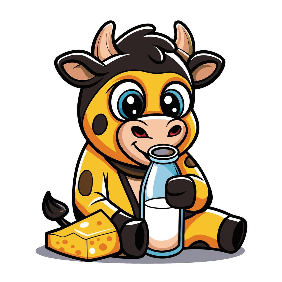 Cute cow drinks milk from bottle with cheese vector