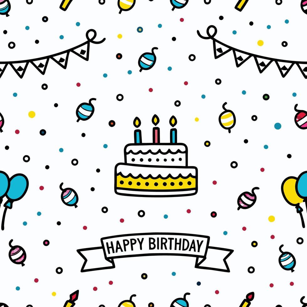 Happy Birthday Pattern with Cake, Balloons, and Confetti vector