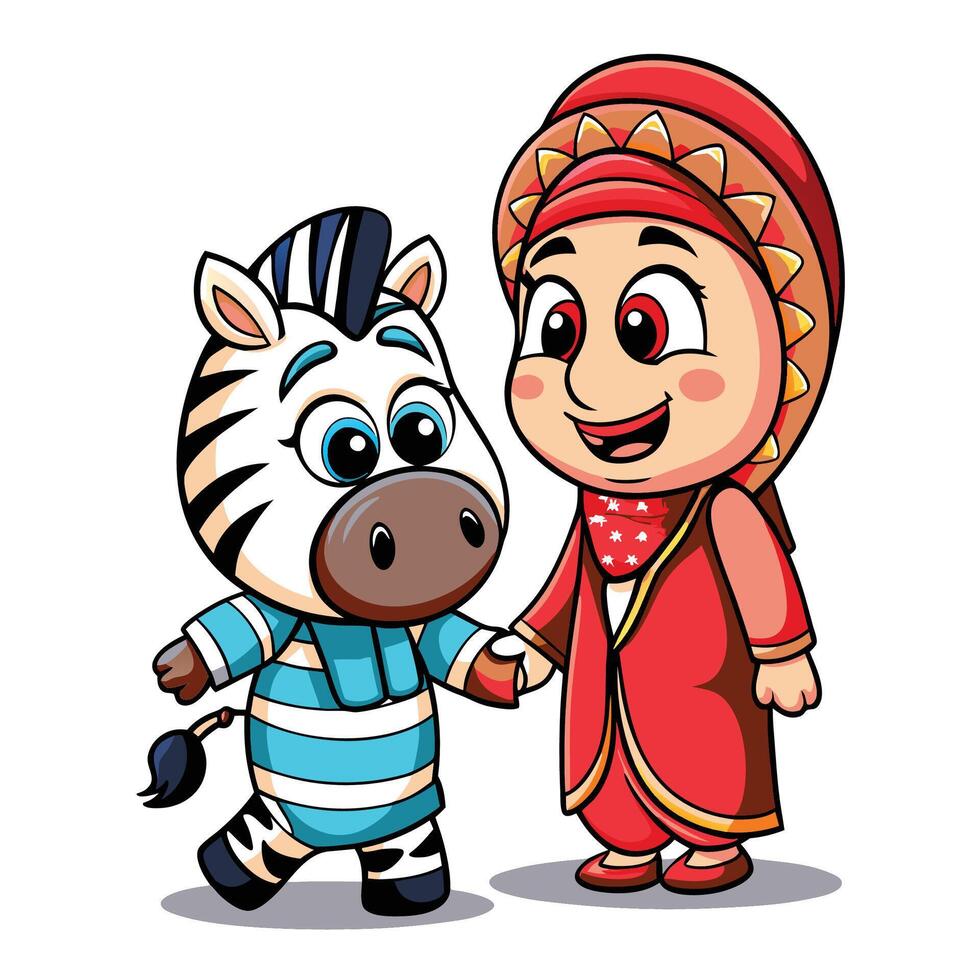 Friendship between a zebra and a girl in traditional attire vector