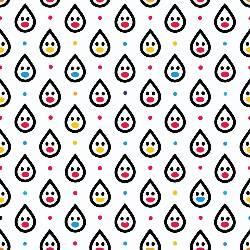 Seamless pattern of cute cartoon raindrops with colorful faces and dots on white background. vector