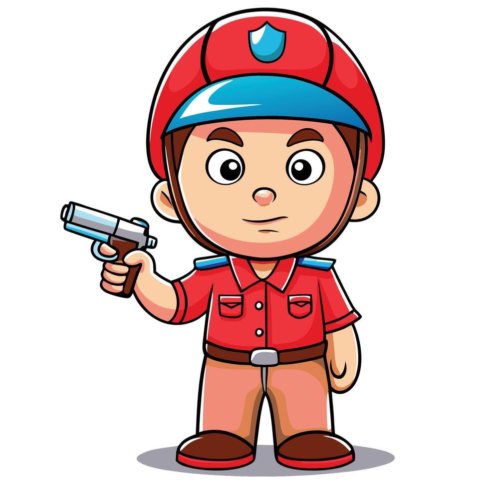 cartoon policeman holding gun and pointing at the camera vector