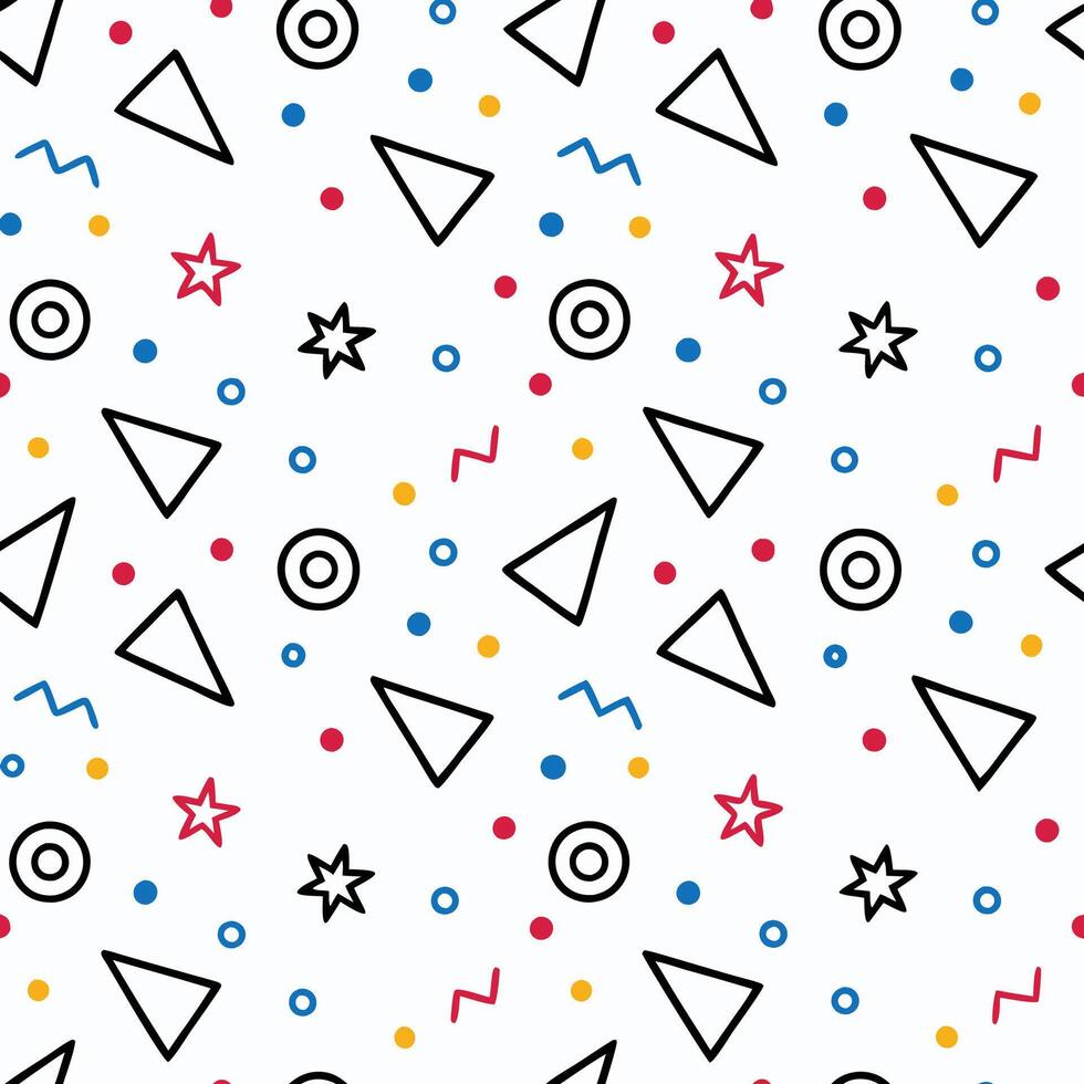 Abstract geometric pattern with triangles, circles, stars, and zigzags vector