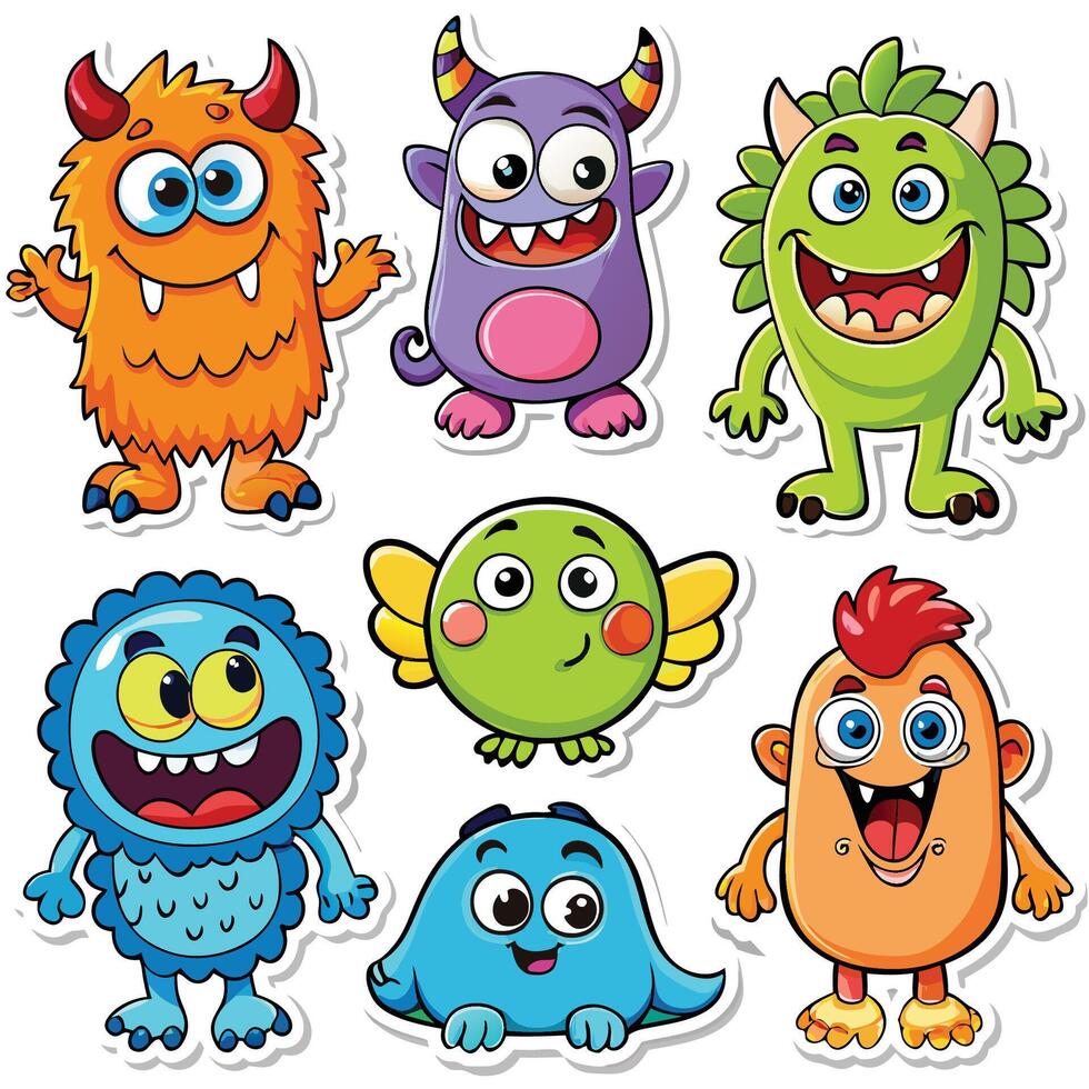 Six cute cartoon monsters with horns, wings, and funny expressions. vector