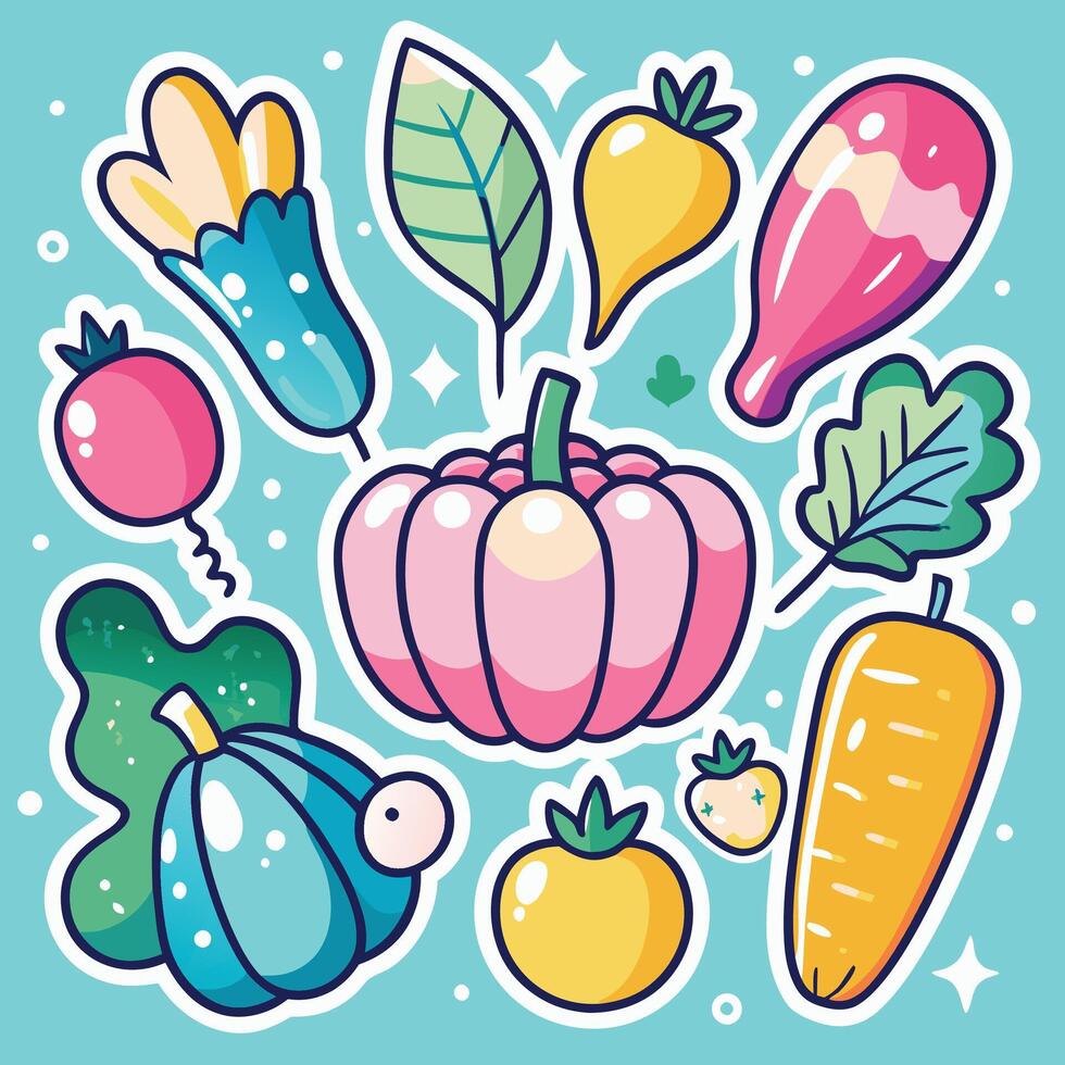 set of vegetables and fruits, including pumpkin, squash, cucumber, carrot, onion, vector