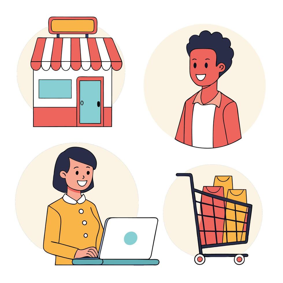 Online Retail Store, Customer Service, and Shopping Experience vector