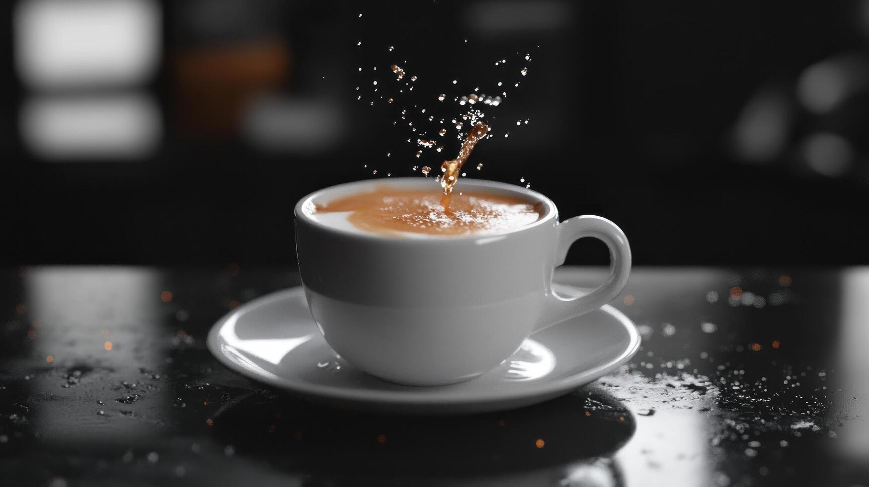 Close-up of a White Coffee Cup with Splashes of Coffee photo