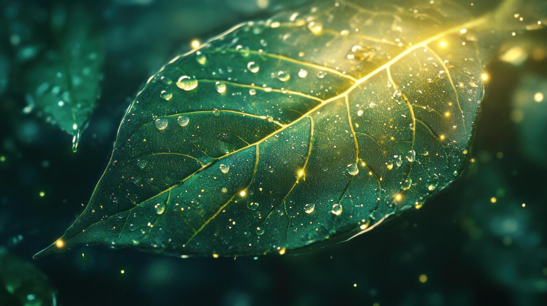 A Dew-Covered Leaf Glowing with Golden Light photo