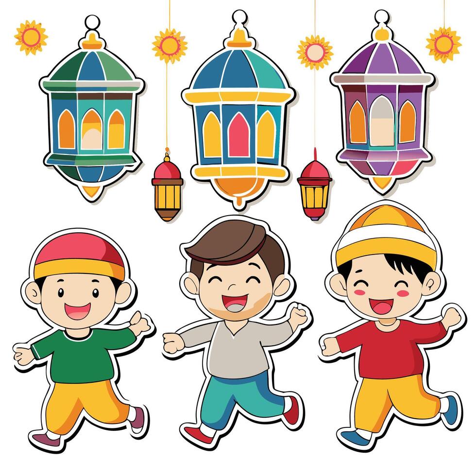 Happy boys celebrating with hanging lanterns and sunflowers. vector