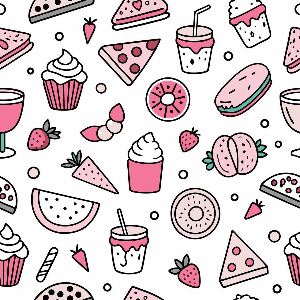 Seamless pattern of cute pink desserts, drinks, and fruits. vector