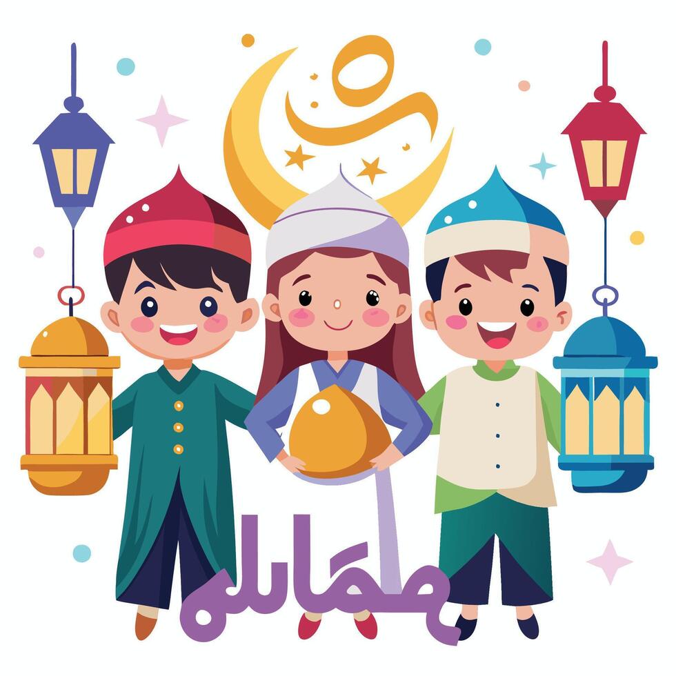 three children in traditional clothing holding lanterns and a crescent vector