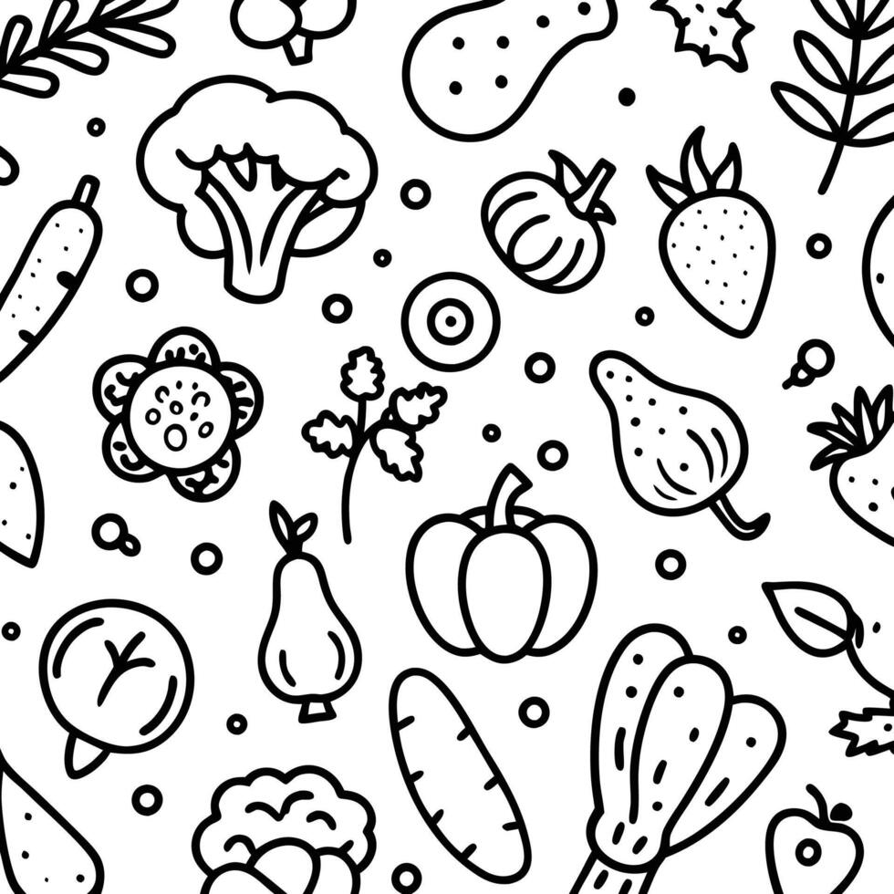 Seamless pattern of hand-drawn vegetables and fruits. vector