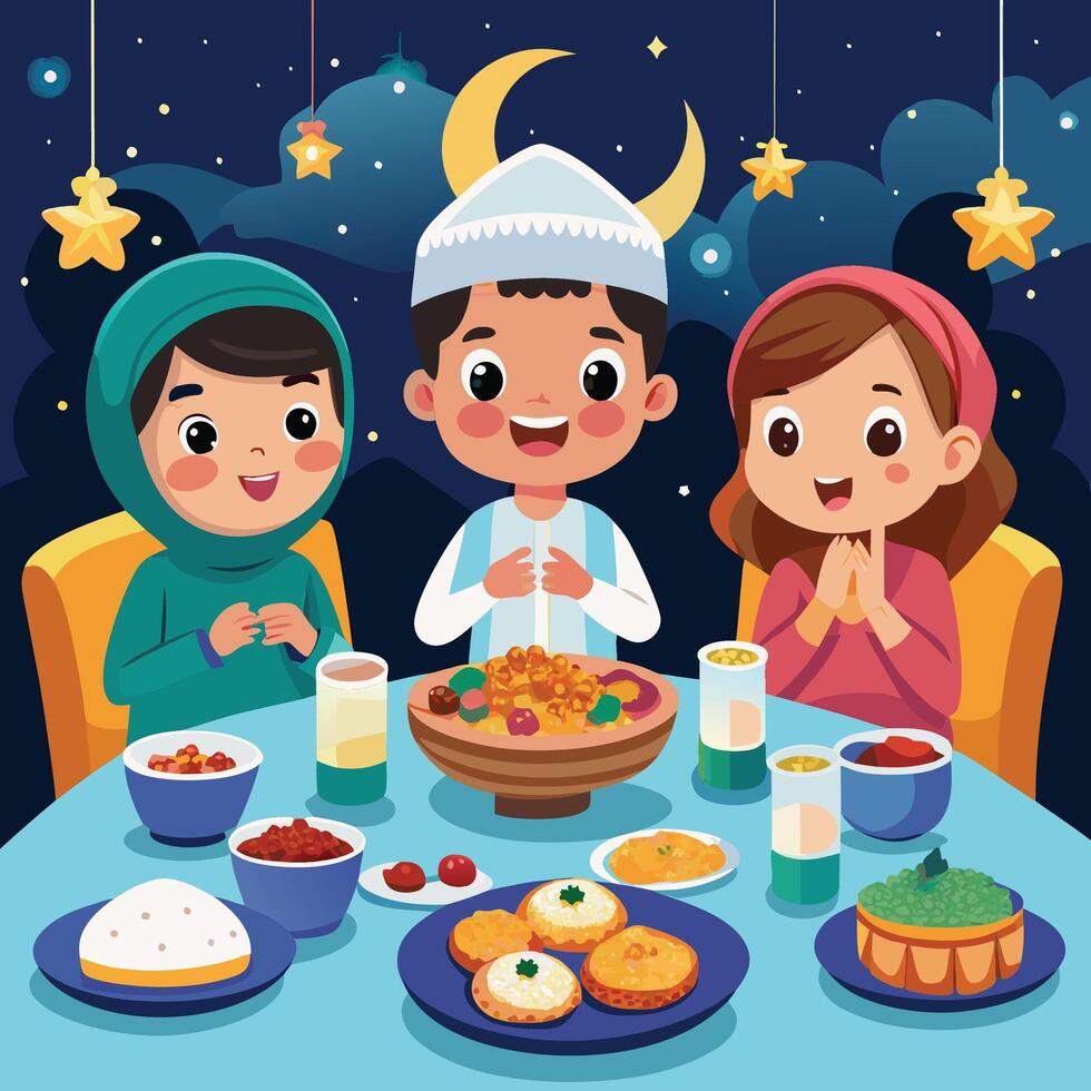 Children sharing a meal under the stars vector