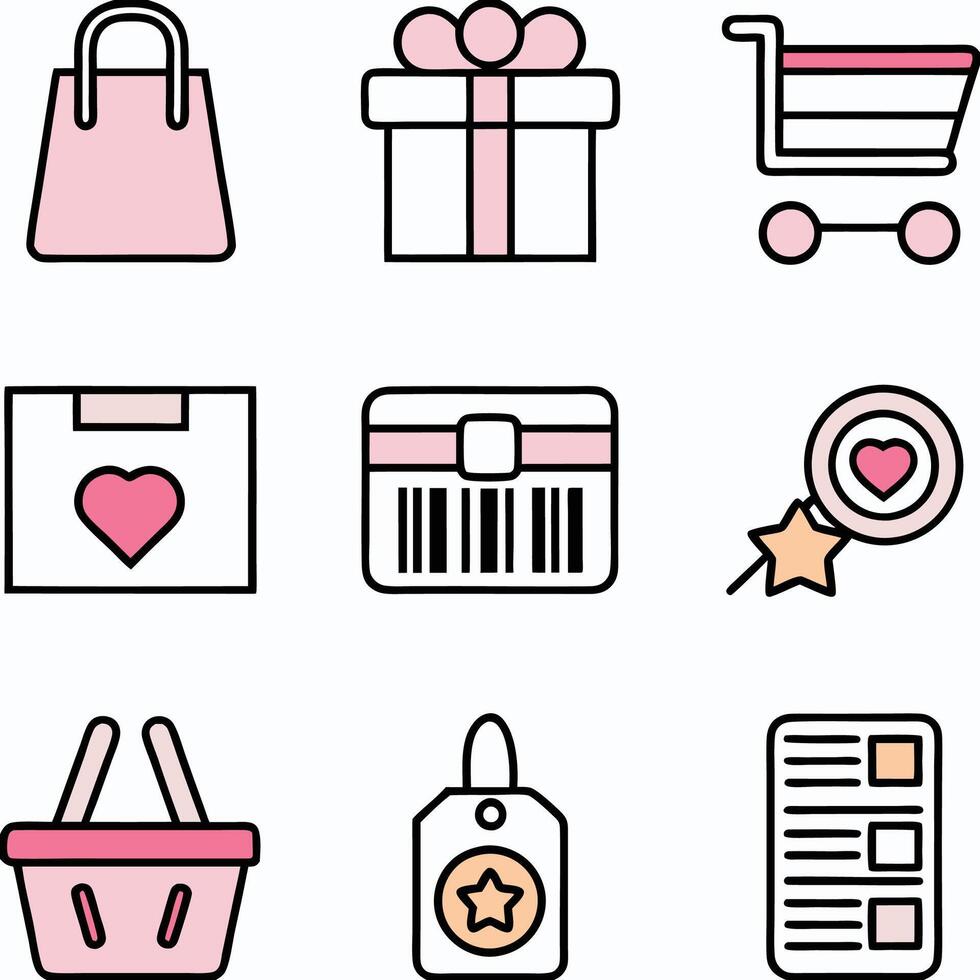 Nine cute pink shopping icons bag, gift, cart, box, barcode, lollipop, basket, tag, list. vector